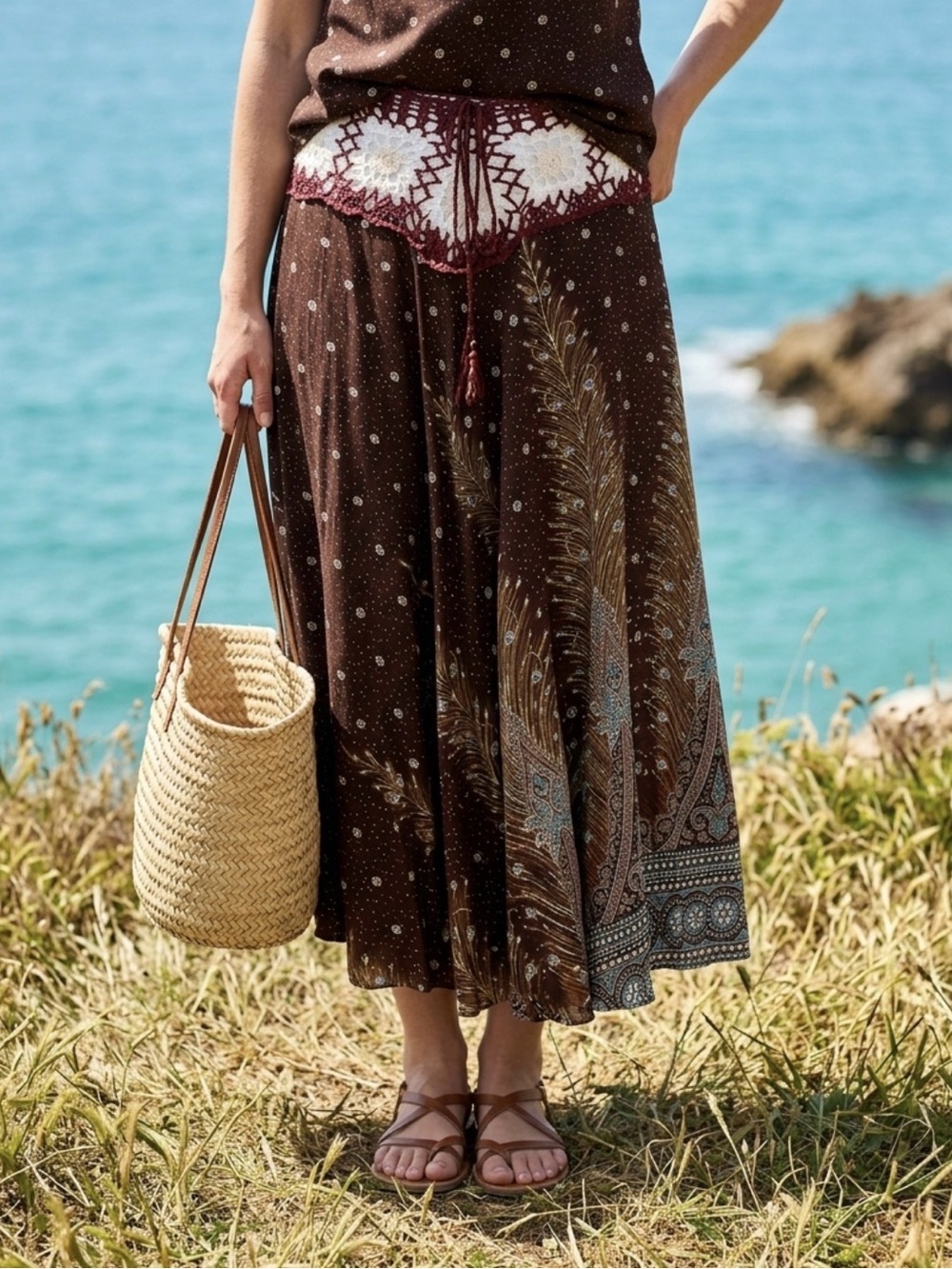 Hanes Maxi Skirt in Brown with Red and White Accents